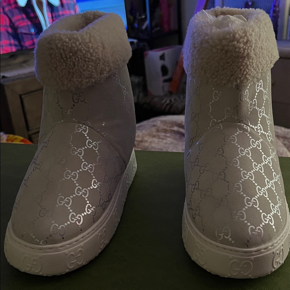 Gucci Off-White GG Monogram Shearling Cuff Sneaker Boots